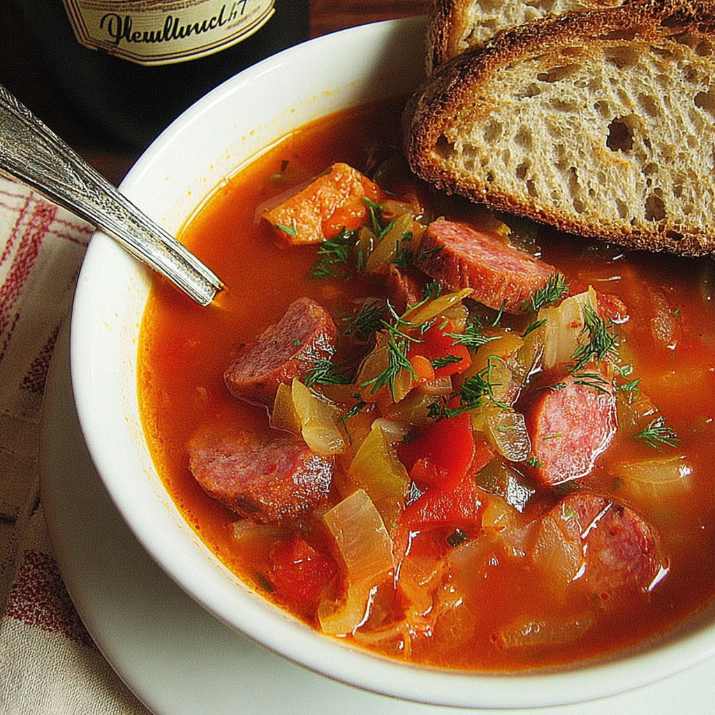A bowl of soup with a slice of bread on the side.