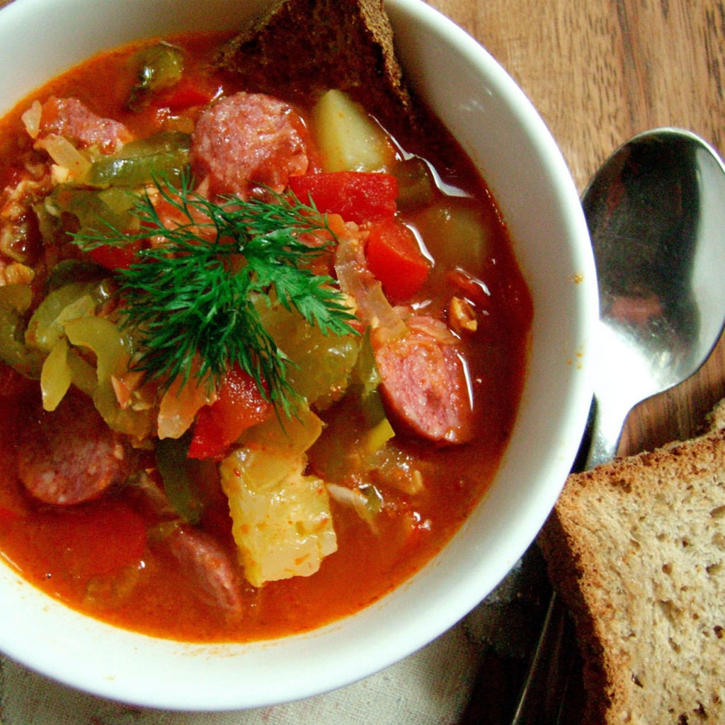 A bowl of soup with a spoon in it.