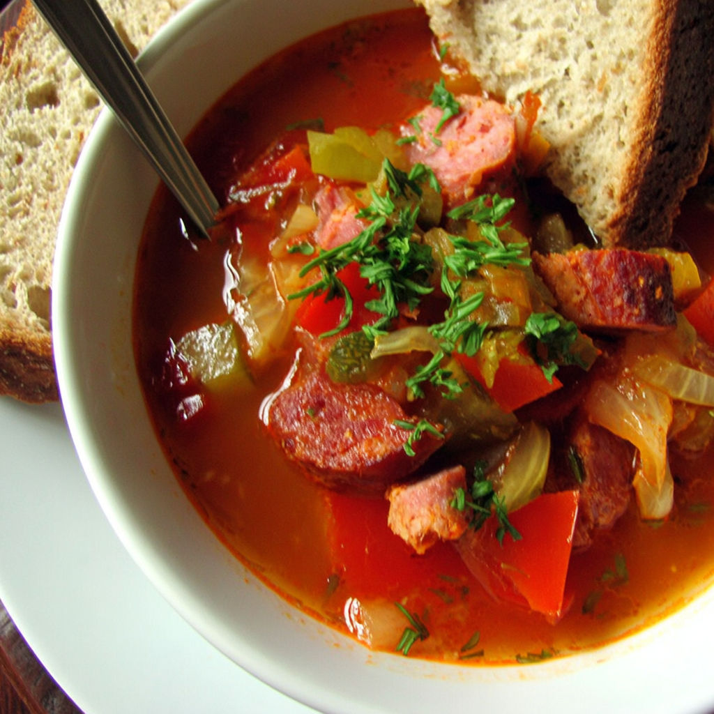 A bowl of soup with meat and vegetables.