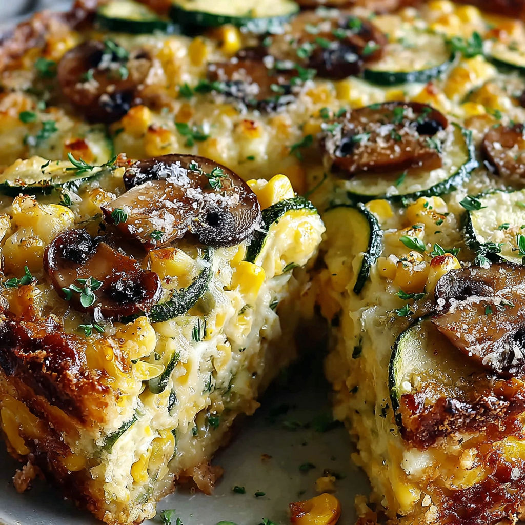 A slice of sweet corn zucchini pie.