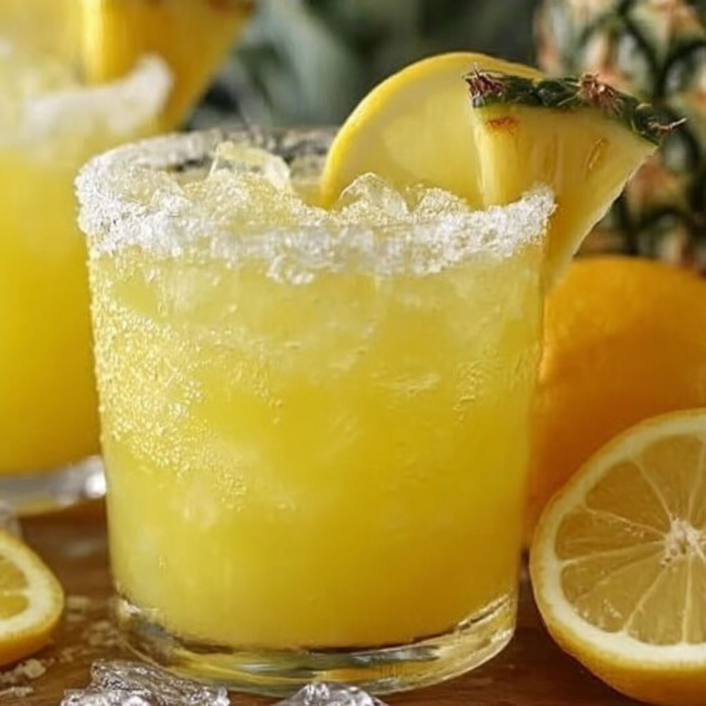 A glass of yellow drink with a lemon wedge in it.