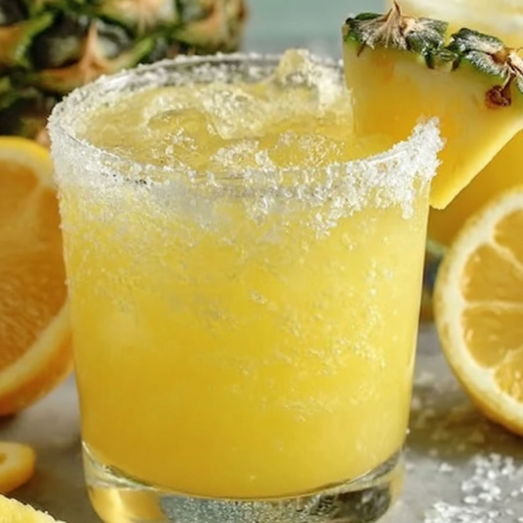 A glass of yellow drink with a slice of pineapple in it.