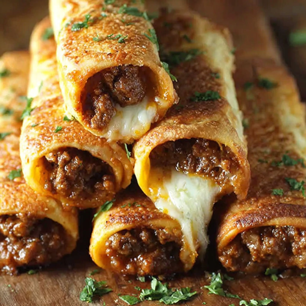 A stack of meat filled burritos.