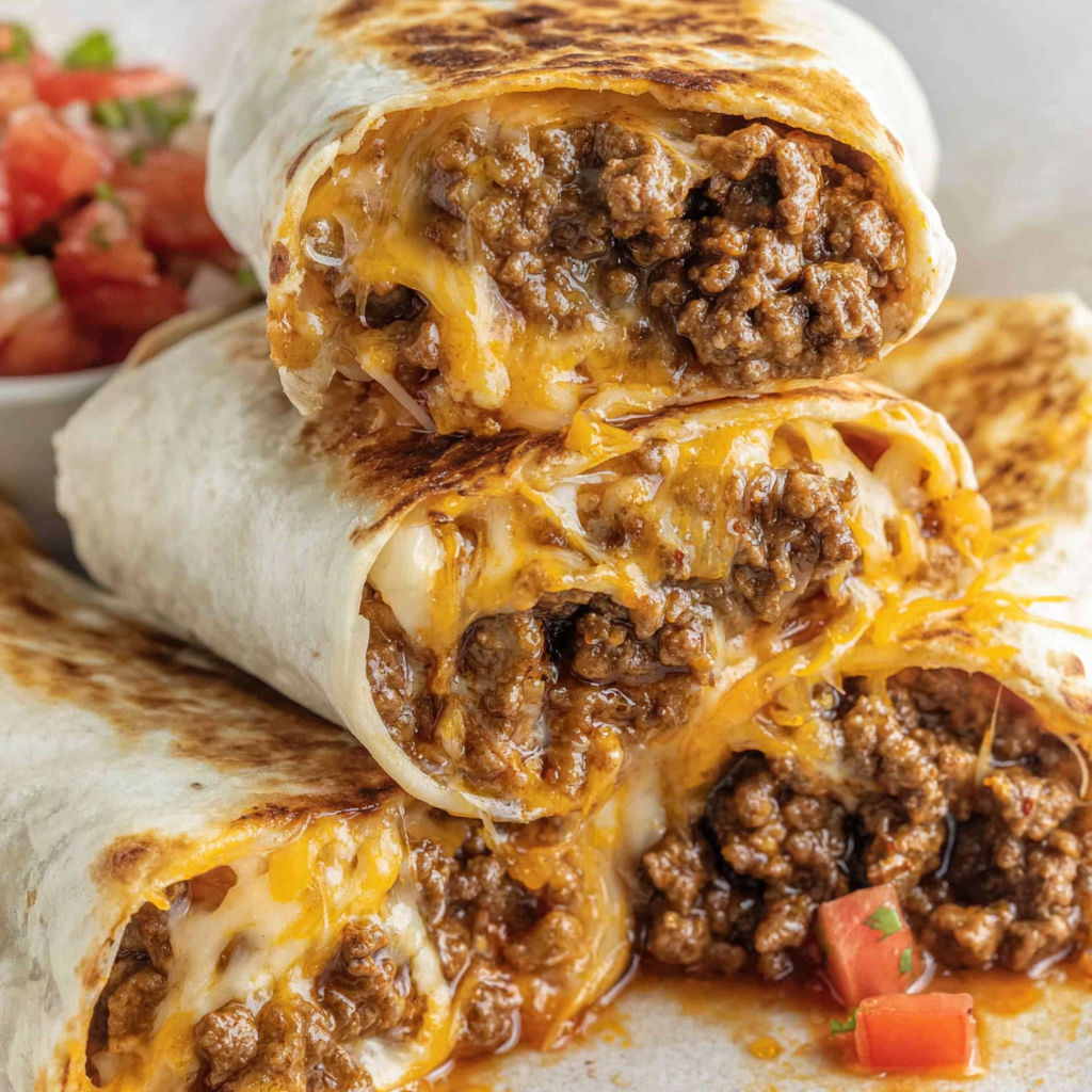 A cheesy beef taco with a tomato on top.