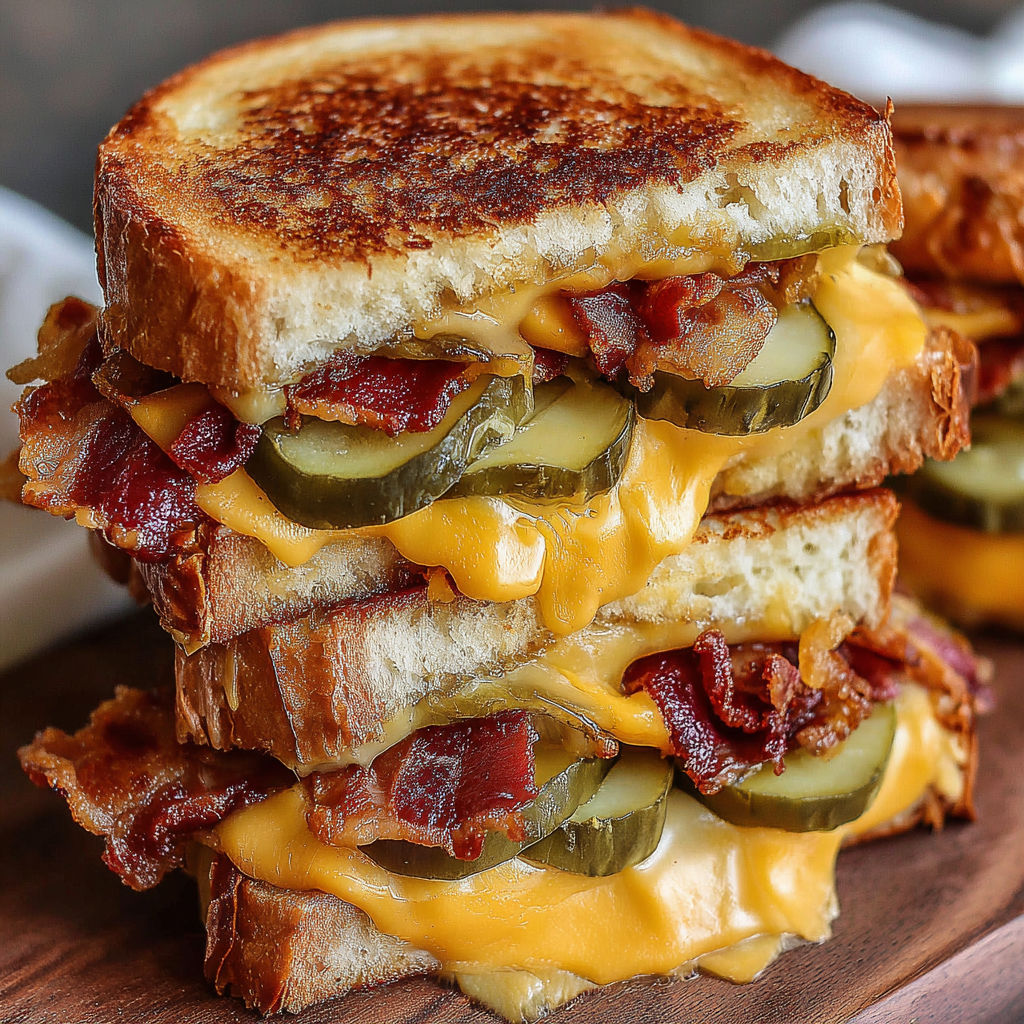 A stack of grilled cheese sandwiches with bacon and pickles.