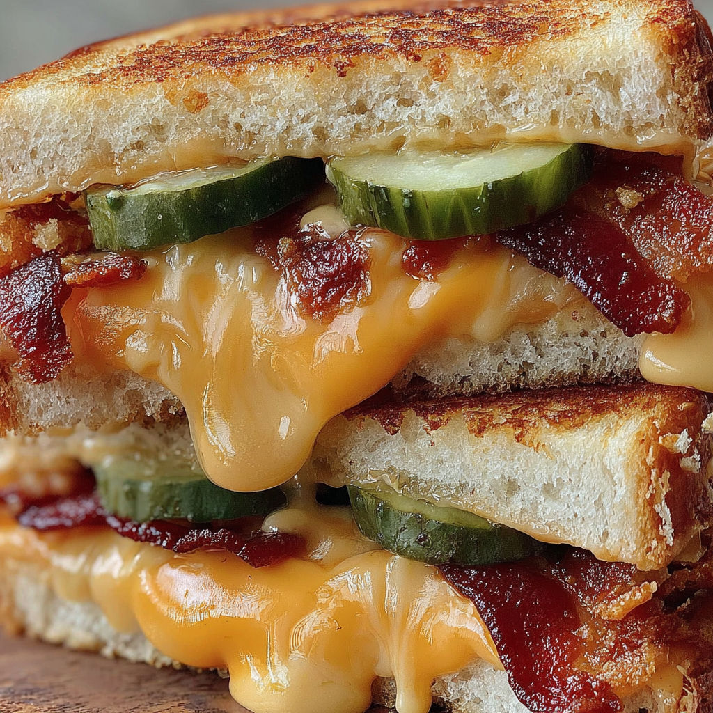 A grilled cheese sandwich with pickles and bacon.
