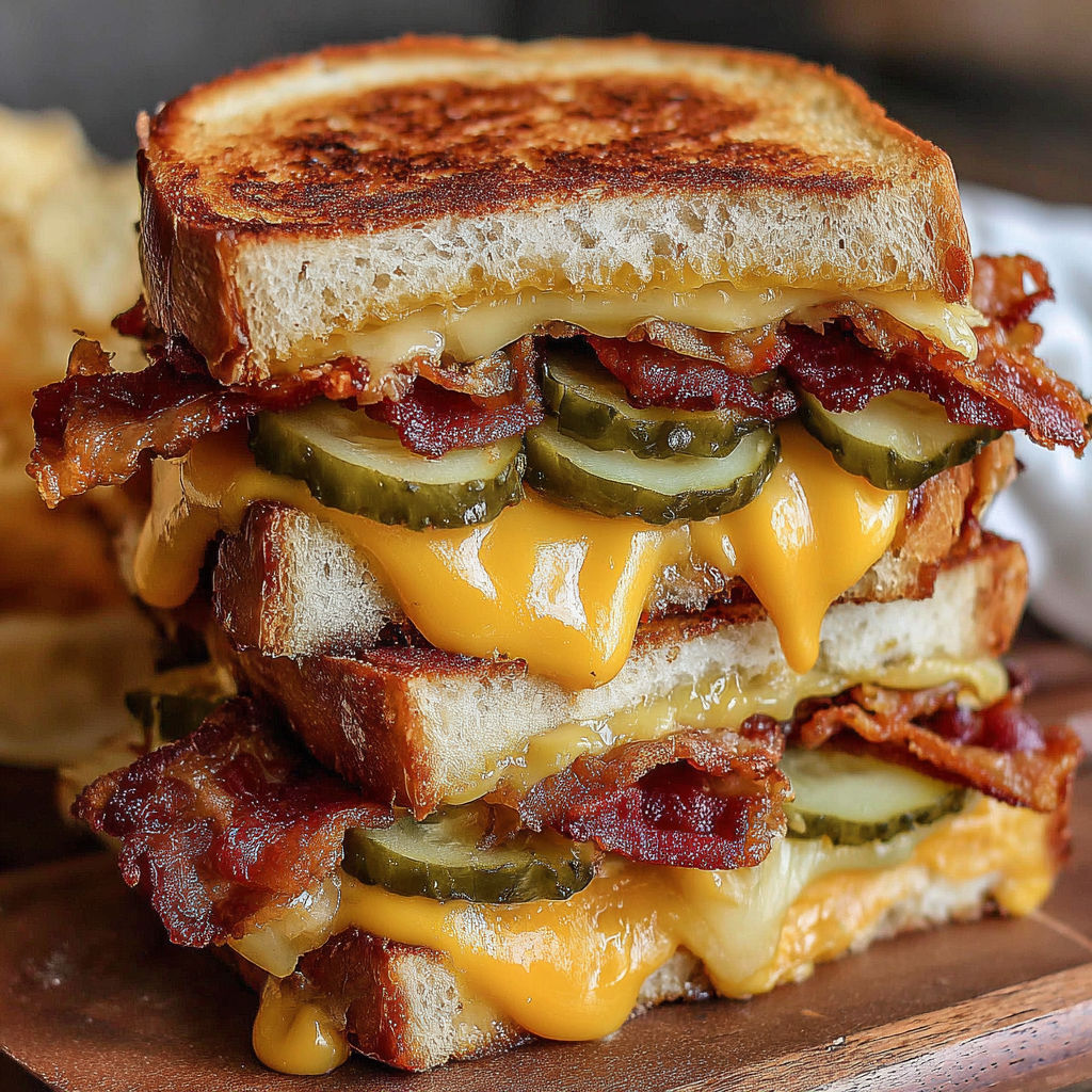 A grilled cheese sandwich with bacon and pickles.