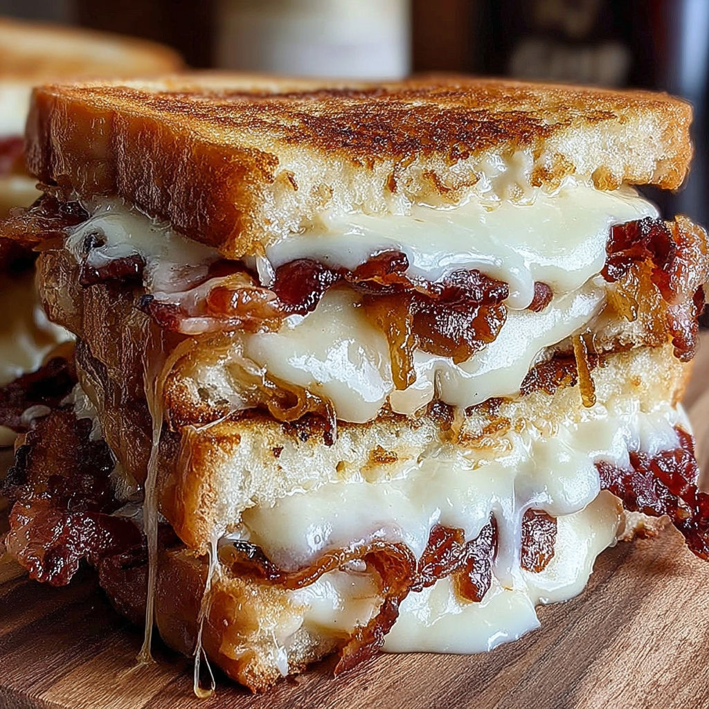 A sandwich with cheese and bacon on a wooden table.