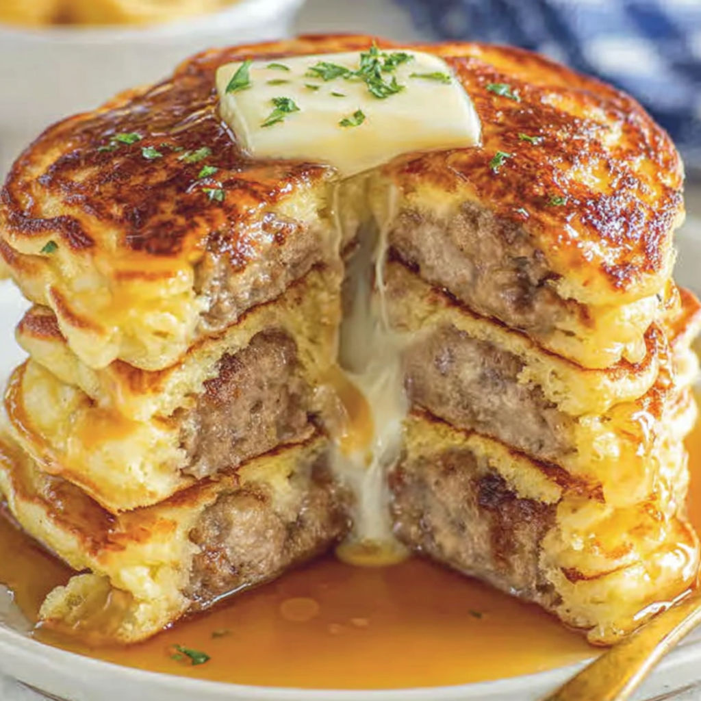 A stack of sausage dipped pancakes.