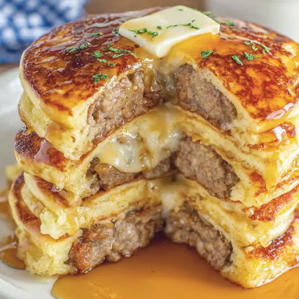 A stack of pancakes with meat on top.