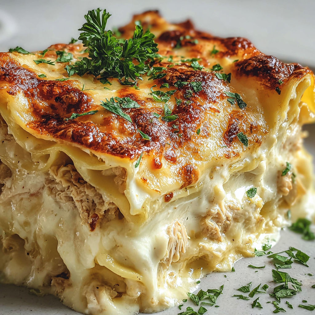 A close up of a lasagna dish with a green herb on top.