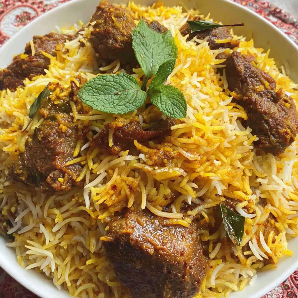 A bowl of mutton biryani with a green leaf on top.