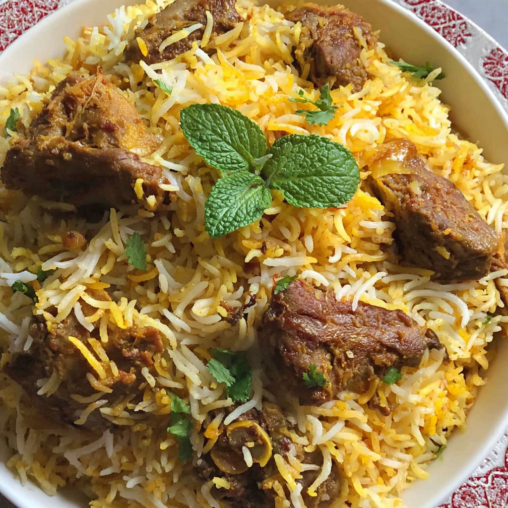 A bowl of rice with meat and vegetables.