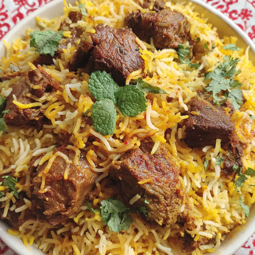 A bowl of mutton biryani with a green garnish.