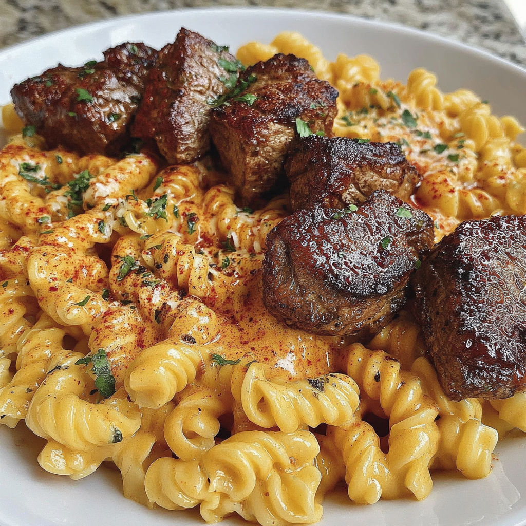 A plate of Cajun steak tips Parmesan rotini.