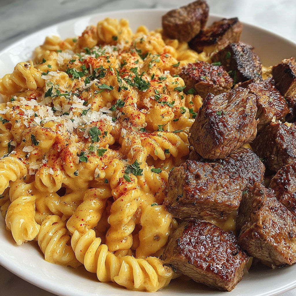 A plate of Cajun steak tips Parmesan rotini.