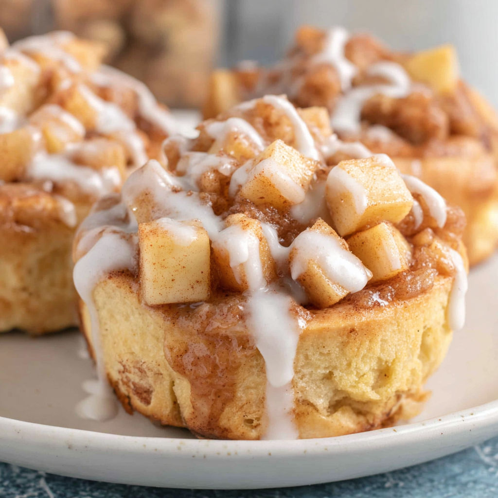 Two cinnamon rolls with apple filling.
