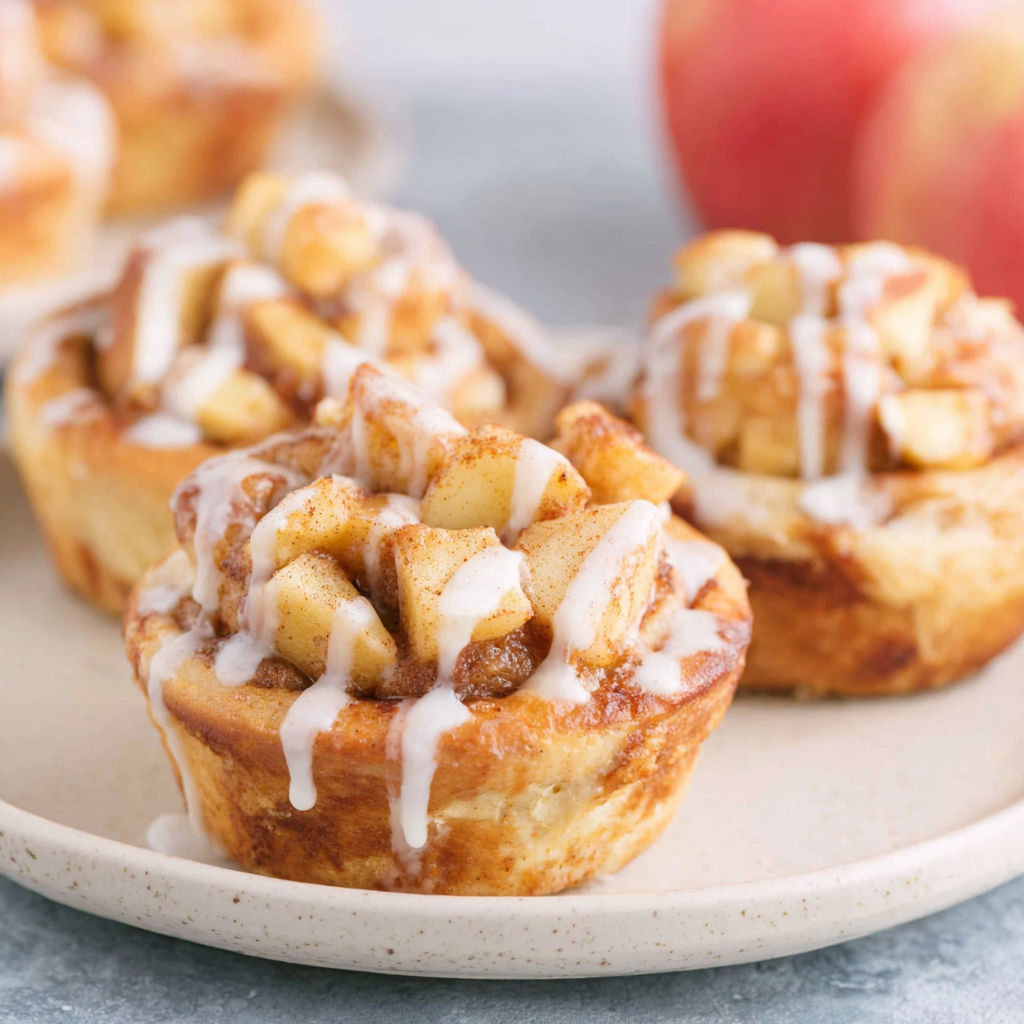A plate of pastries with icing and apples.