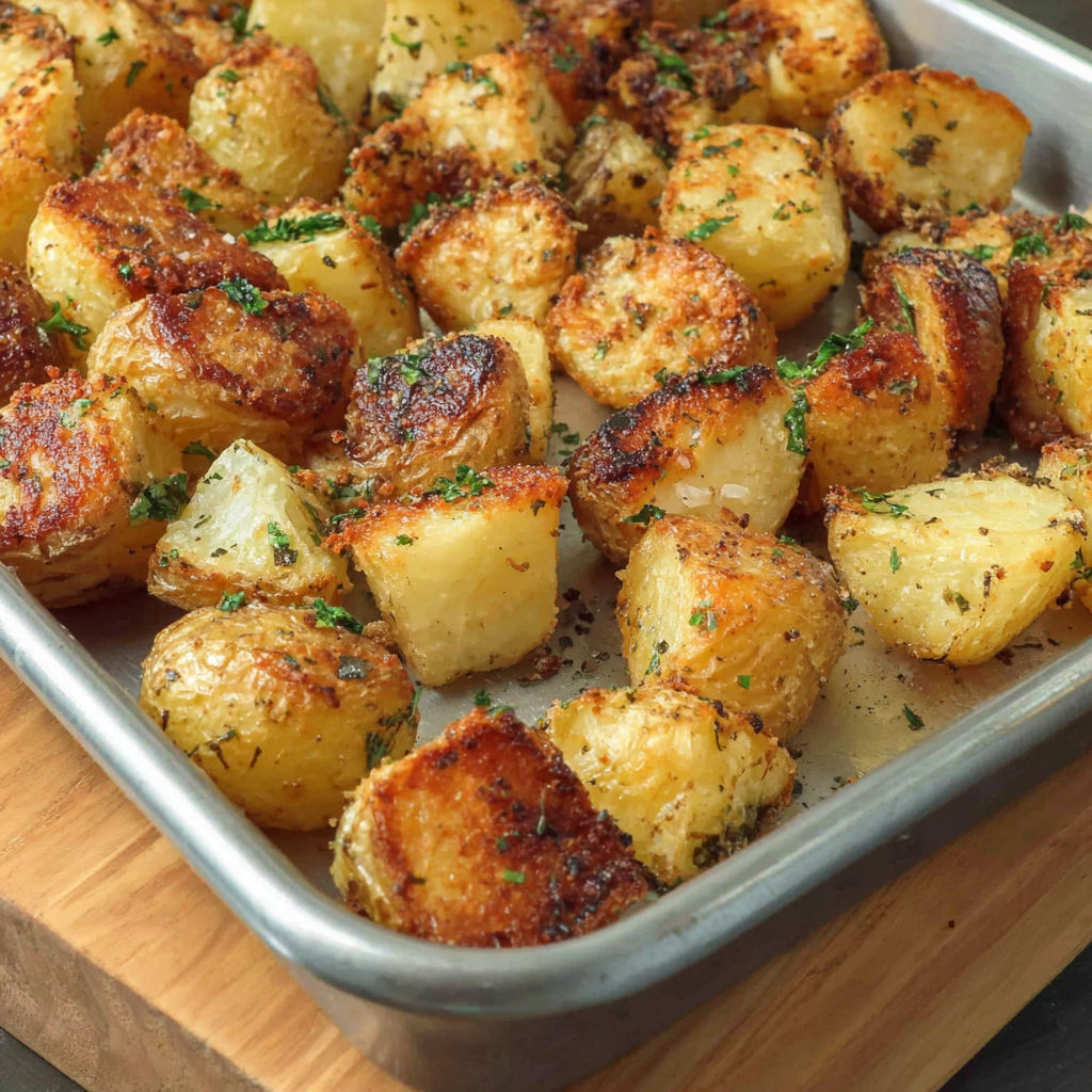 A pan of food with a wooden cutting board underneath.