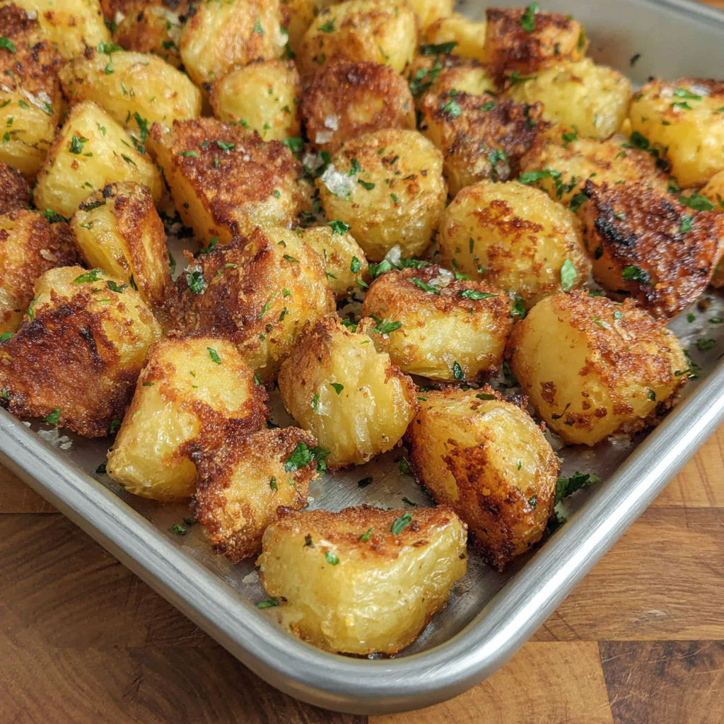 A pan of fried potatoes with herbs.