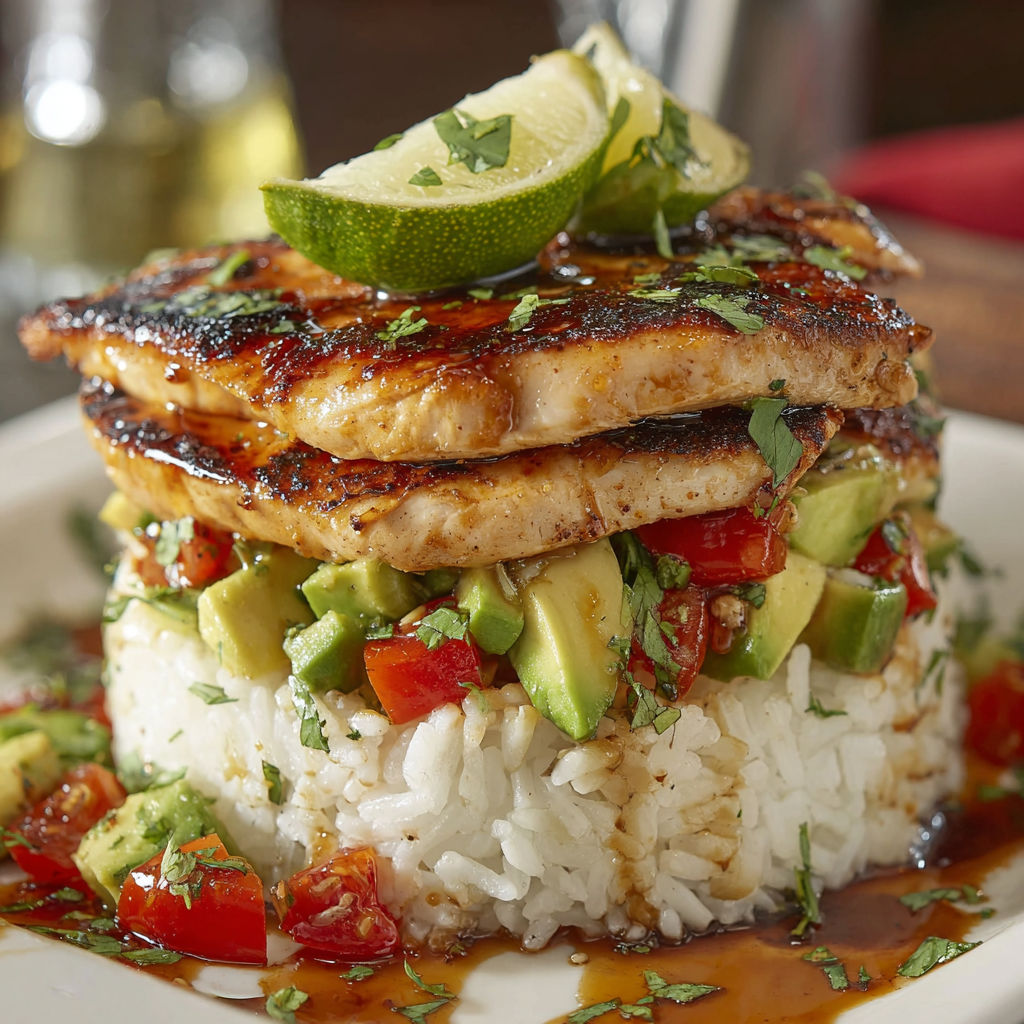 A plate of food with rice, chicken, and avocado.
