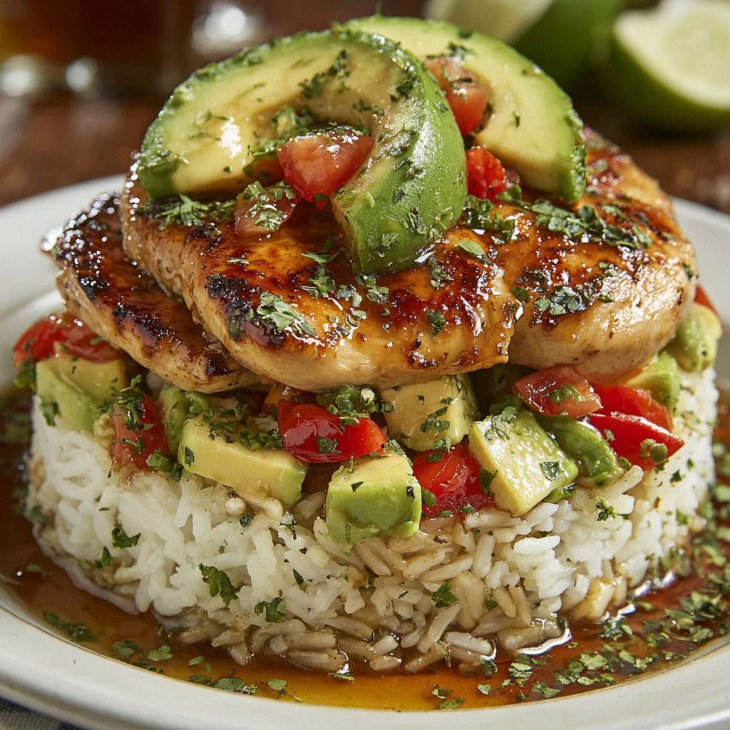 A plate of rice with chicken and avocado on top.