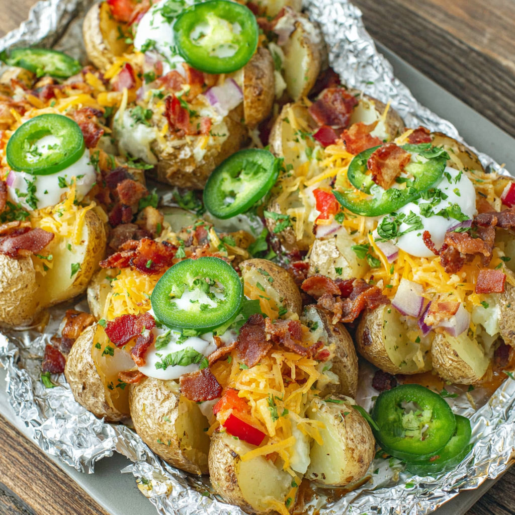 A plate of bacon wrapped potatoes with jalapenos and cheese.
