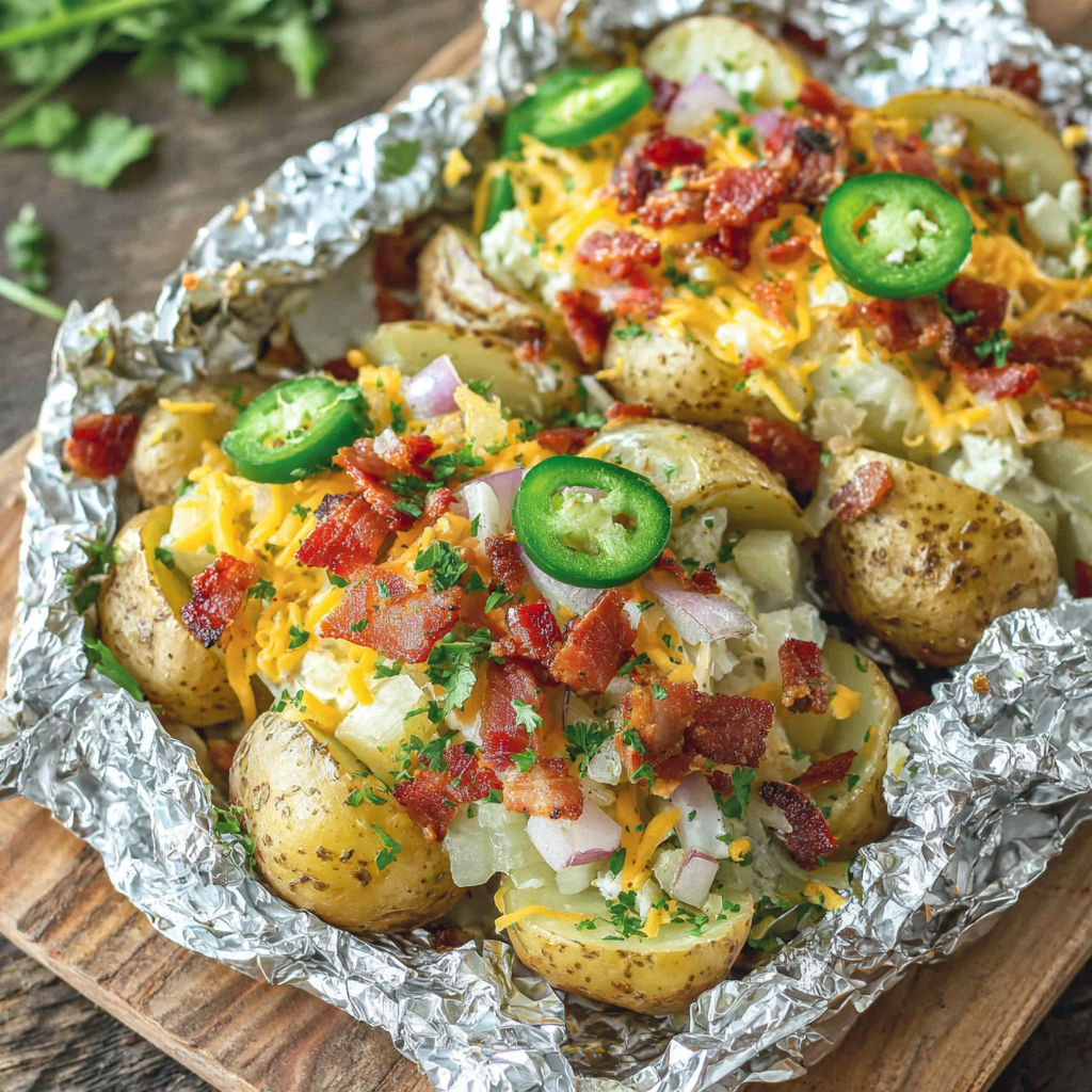 A dish of bacon wrapped potatoes with cheese and jalapenos.