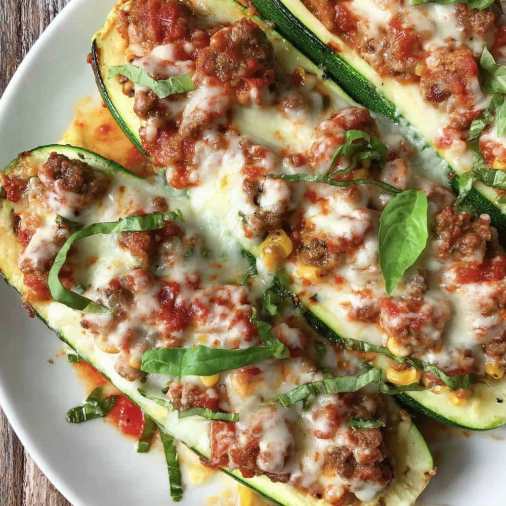 A plate of food with a zucchini and meat on it.