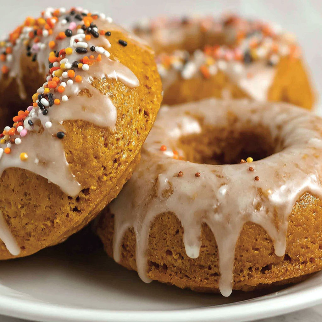 A plate of baked pumpkin donuts.