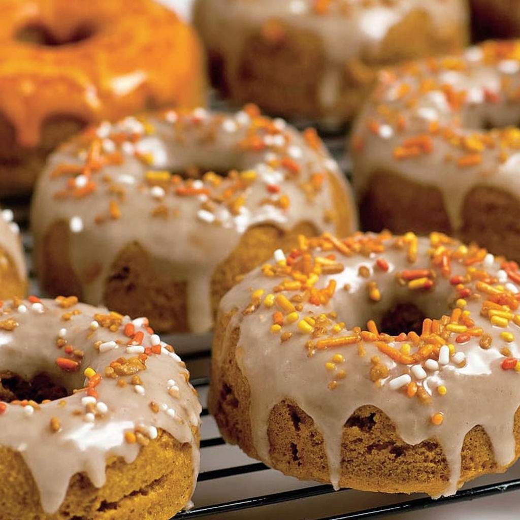 A tray of baked pumpkin donuts.
