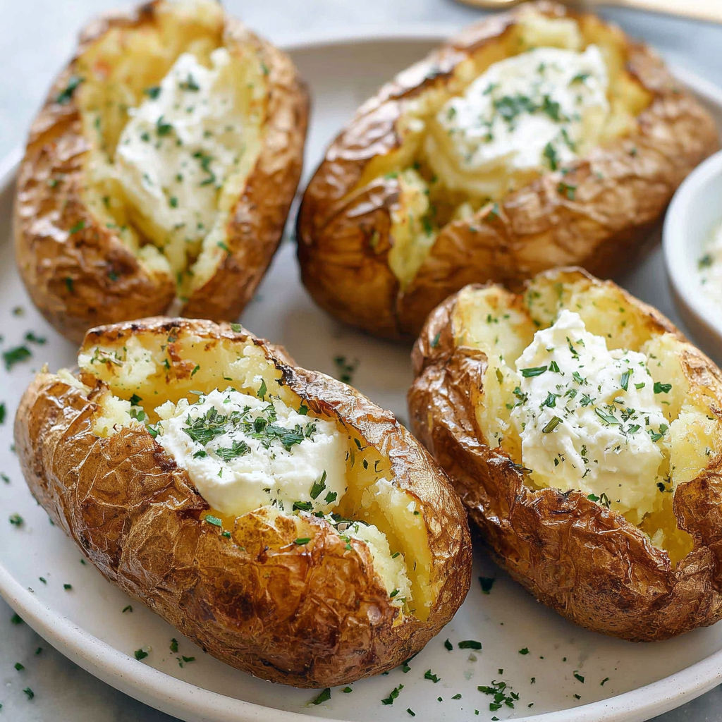 A plate of baked potatoes with white sauce.