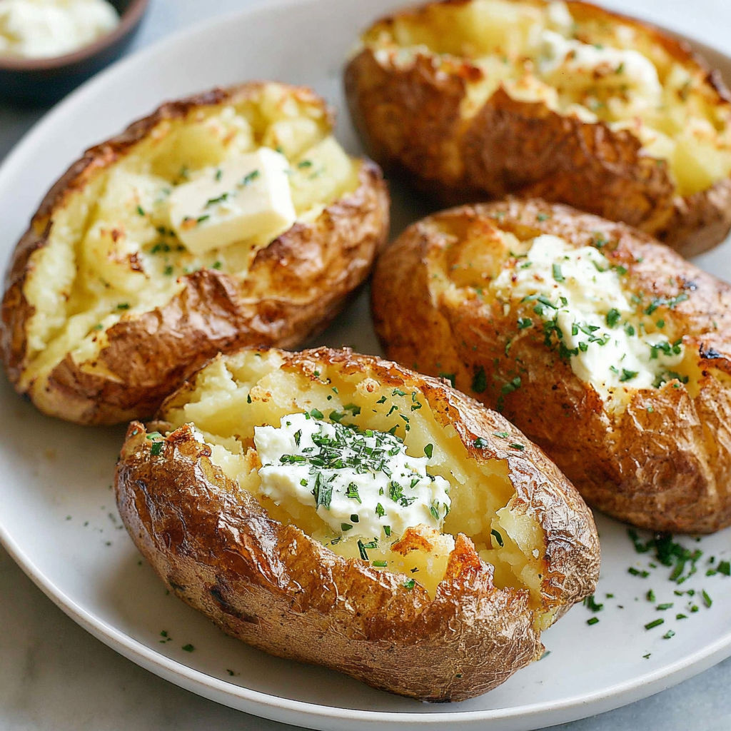 A plate of baked potatoes with white cheese on top.