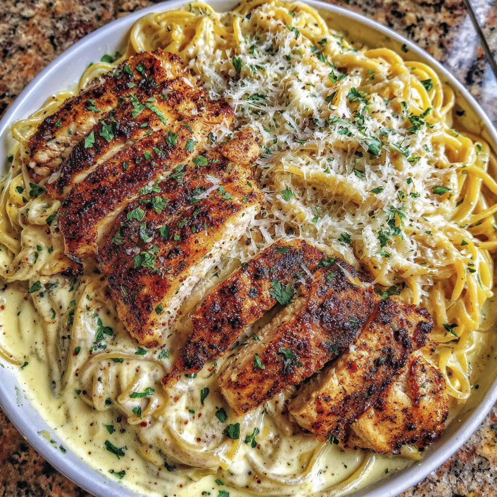 A plate of food with chicken and pasta.