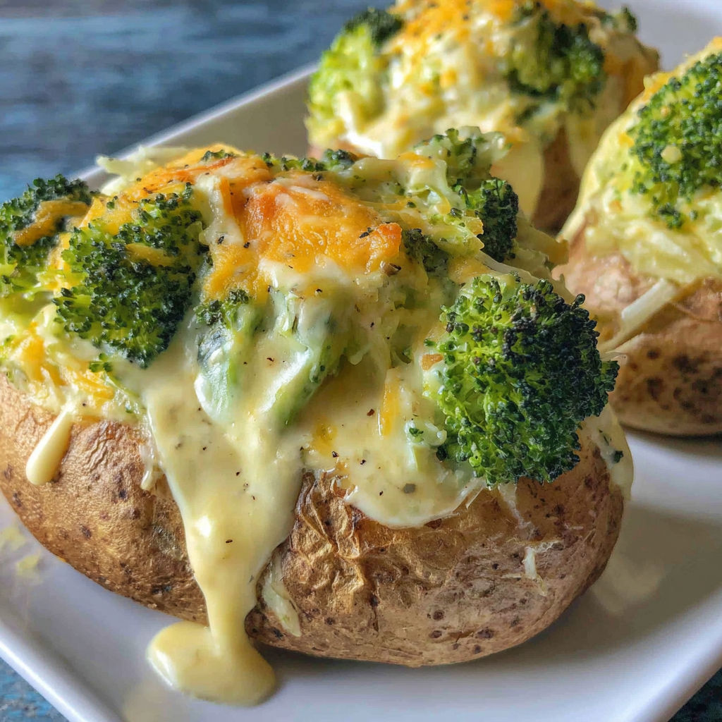 Two baked potatoes with broccoli on top.