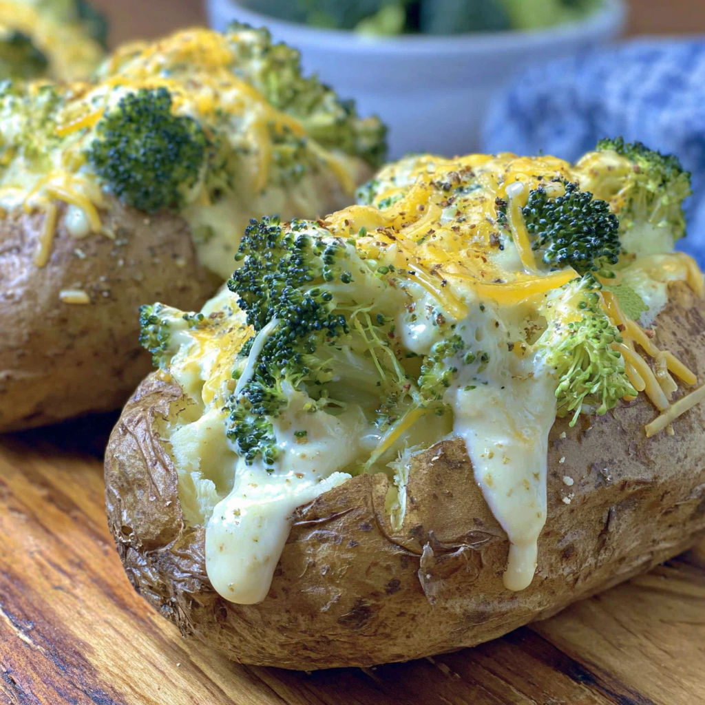 Two baked potatoes with cheese and broccoli on top.