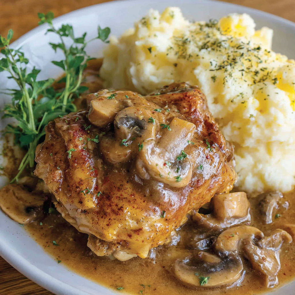 A plate of food with mushrooms and potatoes.