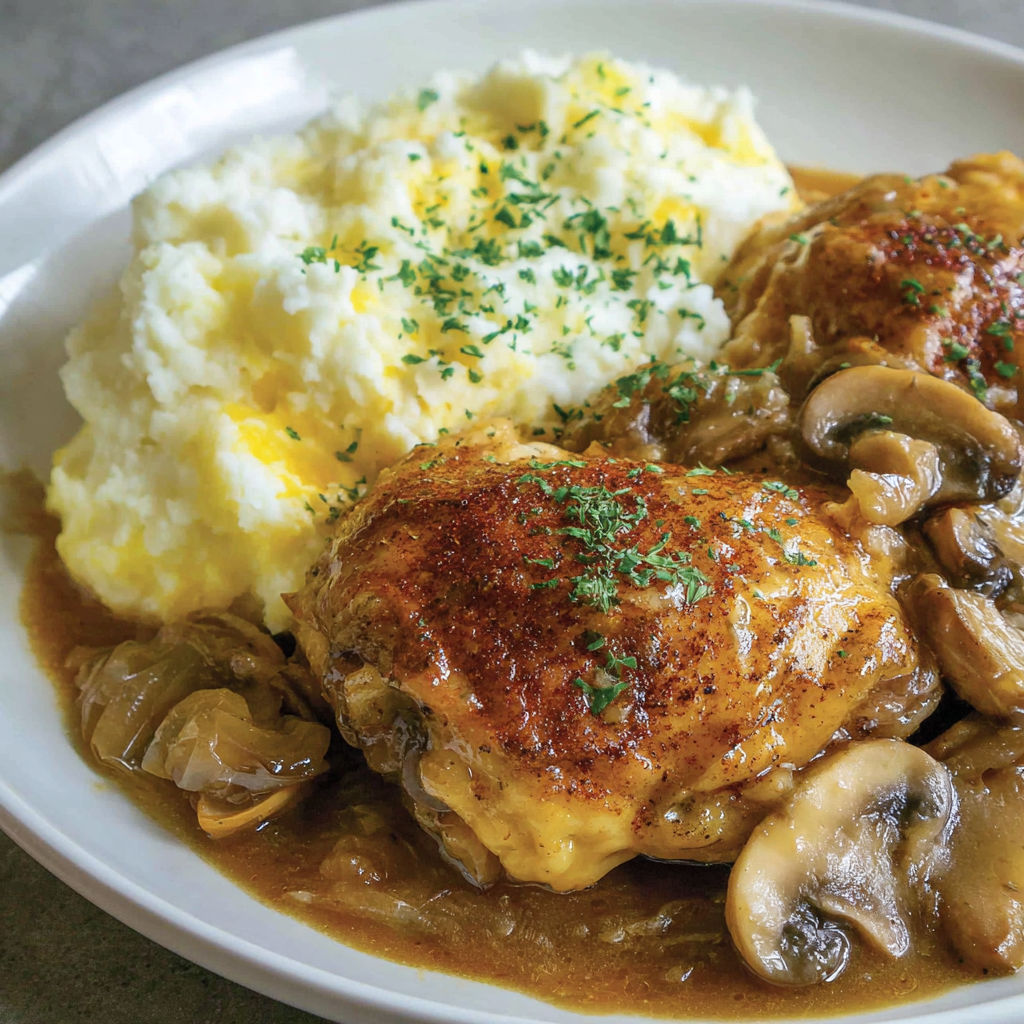 A plate of food with mashed potatoes, chicken, and mushrooms.