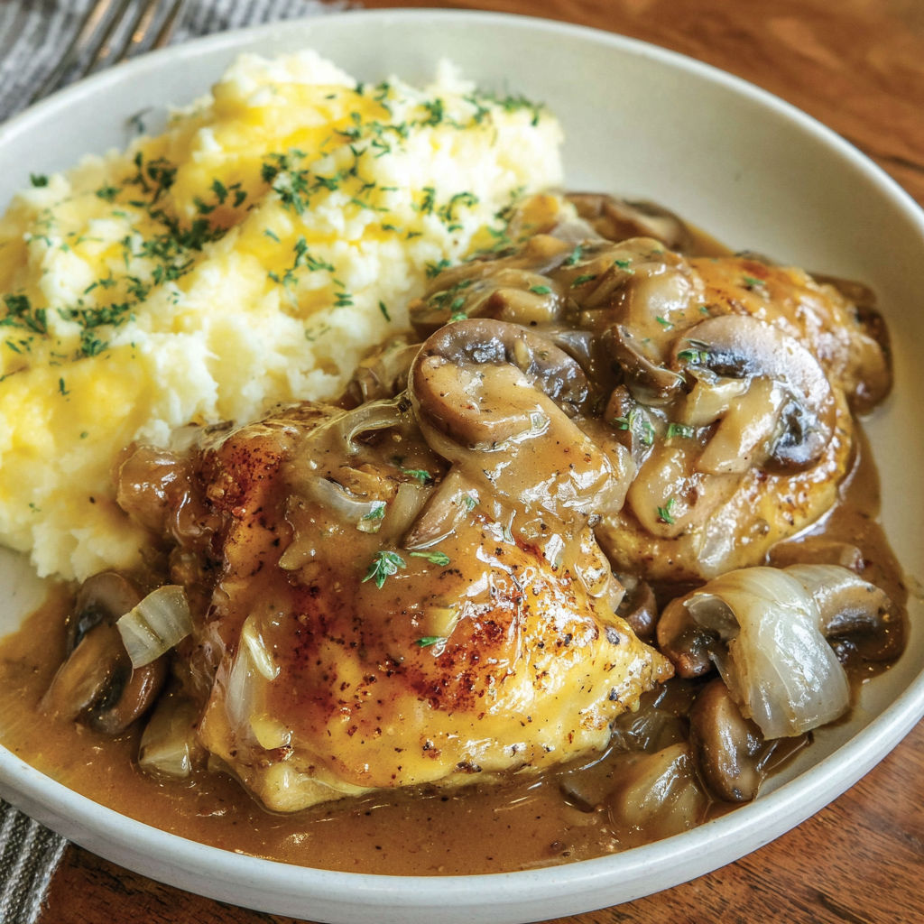 A plate of food with mashed potatoes and chicken.