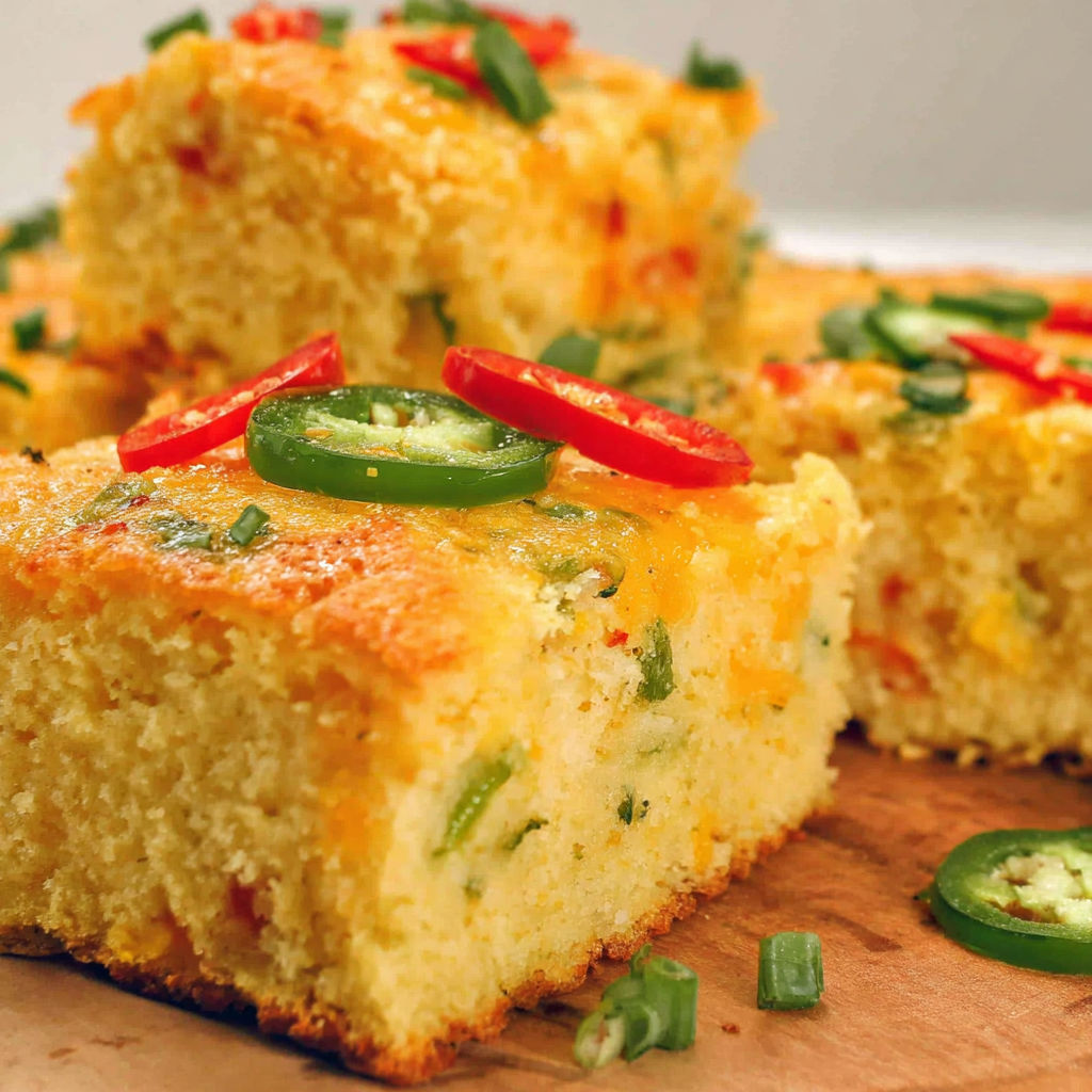 A slice of Mexican cornbread with jalapenos on top.