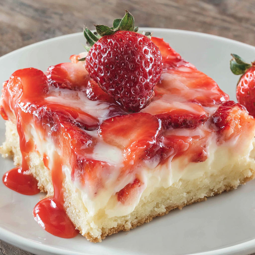 A slice of strawberry cream cake with a strawberry on top.