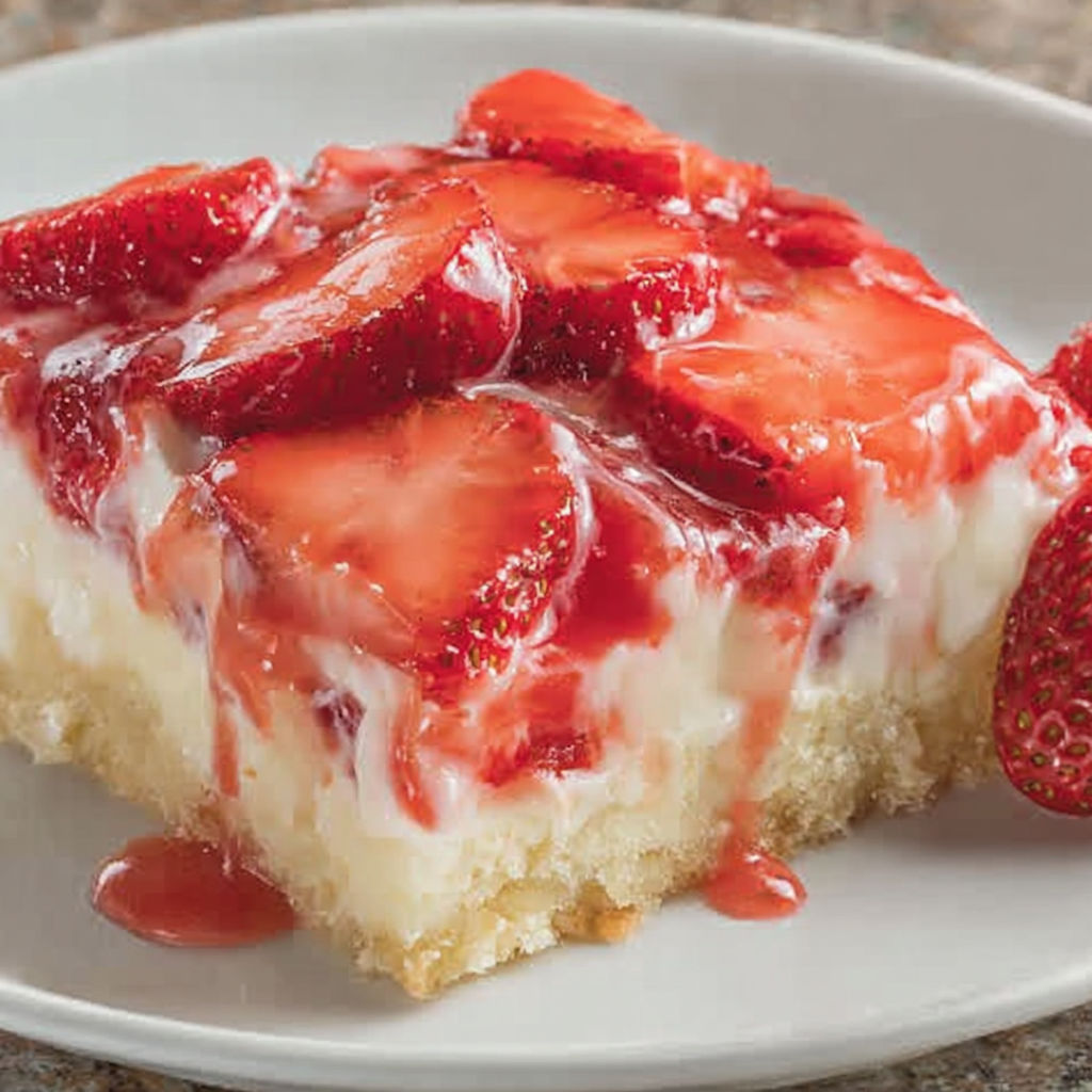 A slice of strawberry cream cake on a plate.
