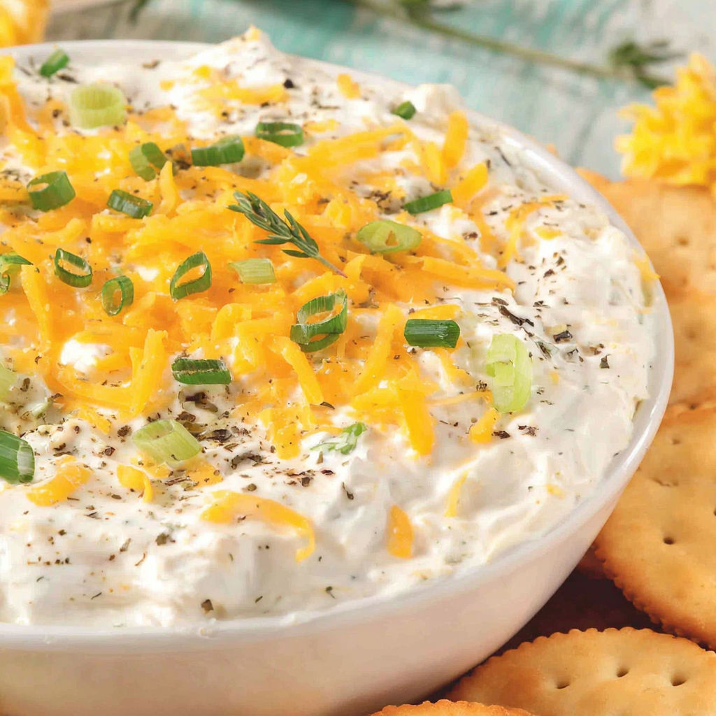 A bowl of cheese dip with a variety of vegetables on top.