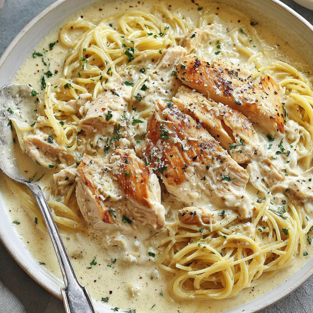 A plate of chicken and noodles.