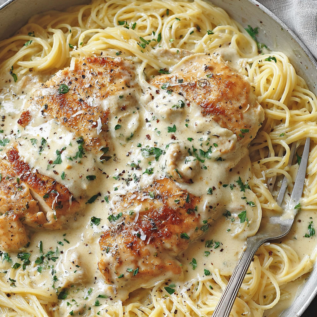 A plate of food with chicken and spaghetti.