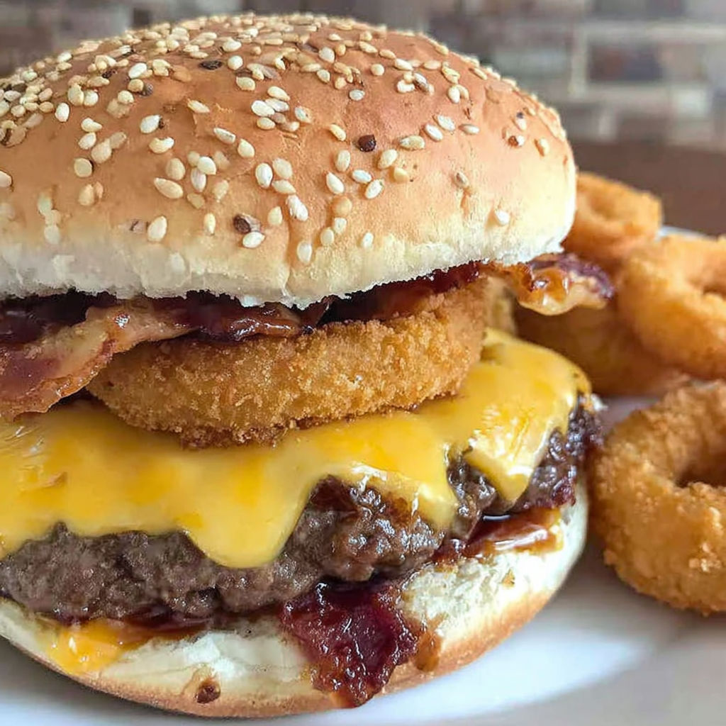 A cheeseburger with bacon and cheese on top.