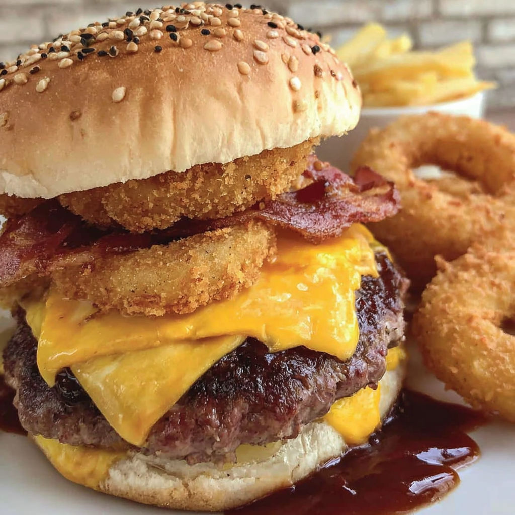 A Western Bacon Cheeseburger with a bun and cheese.