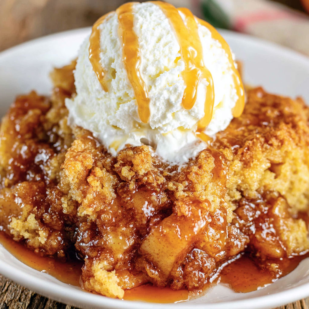 A white plate with a scoop of ice cream on top of a crock pot apple dump cake.