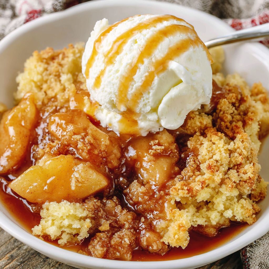 A bowl of dessert with a scoop of ice cream on top.