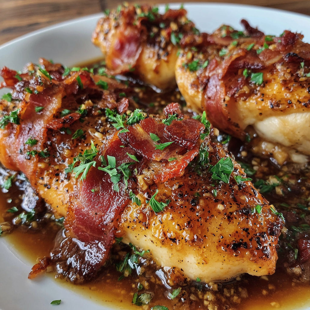 Bacon wrapped chicken with honey and garlic.